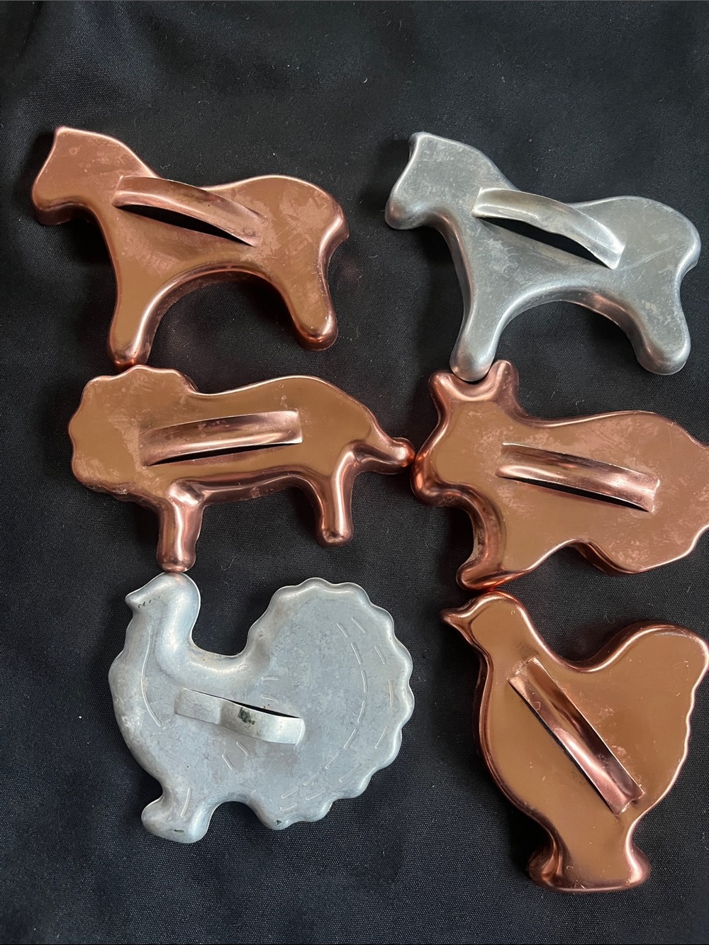 6 Vtg Silver & Copper Color Animal Cookie Cutters Horse Lion Rabbit Turkey Chick